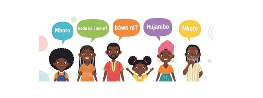 African family characters with speech bubbles showing greetings in African languages: Mhoro, kedu ka ị mere?, báwo ni?, Hujambo, and Mbote