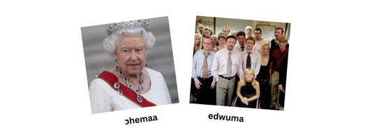 DIY Twi flashcards showing Ohemaa (queen) with a photo of Queen Elizabeth and Edwuma (office) with a photo from The Office TV show