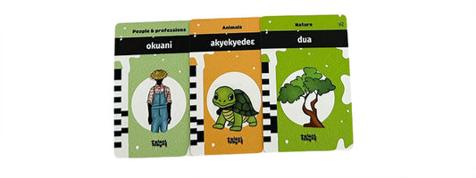Twi flashcards with illustrations of a farmer, a turtle, and a tree - learn Twi for kids