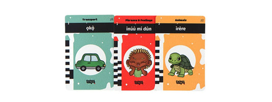 Yoruba flashcards with illustrations of a car, a child, and a turtle - learn Yoruba for kids