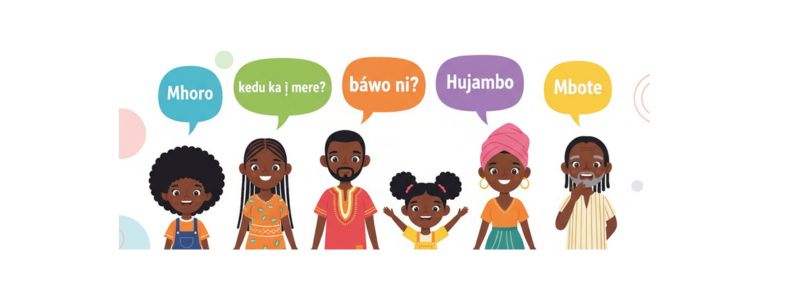African family characters with speech bubbles showing greetings in African languages: Mhoro, kedu ka ị mere?, báwo ni?, Hujambo, and Mbote