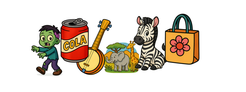 Cartoon illustrations of African-origin English words, including a zombie, cola can, banjo, safari animals, zebra, and tote bag.