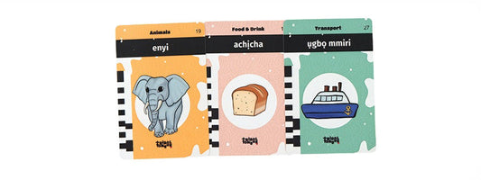 Igbo flashcards with illustrations of an elephant, bread, and a ship - learn Igbo for kids