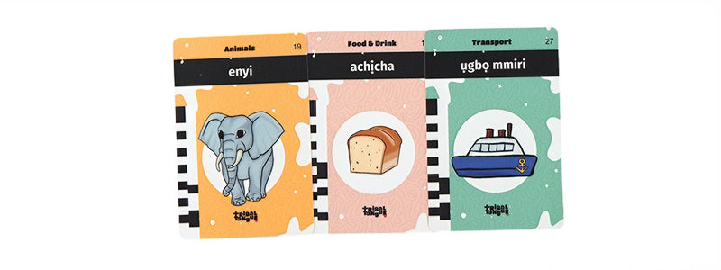 Igbo flashcards with illustrations of an elephant, bread, and a ship - learn Igbo for kids