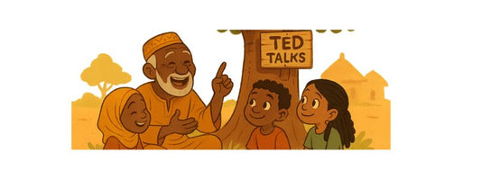 Cartoon illustration of an elderly African man sitting under a tree, smiling and sharing wisdom with three children.