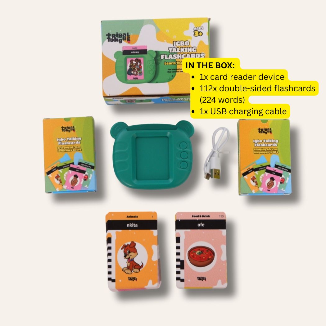 Talking flashcards set with box, card reader, flashcards, and USB cable on a white background