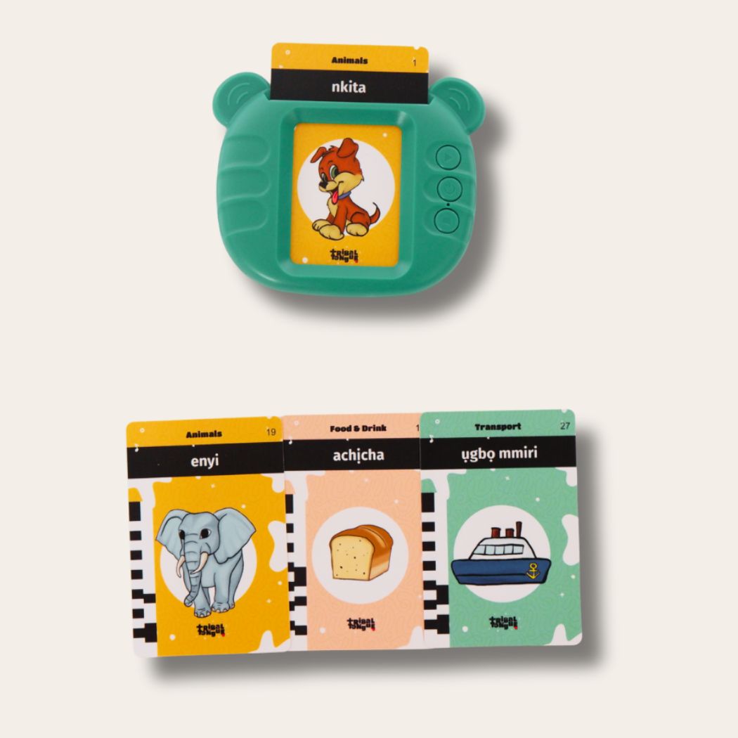 Educational flashcards game with colorful cards and a green device on a white background