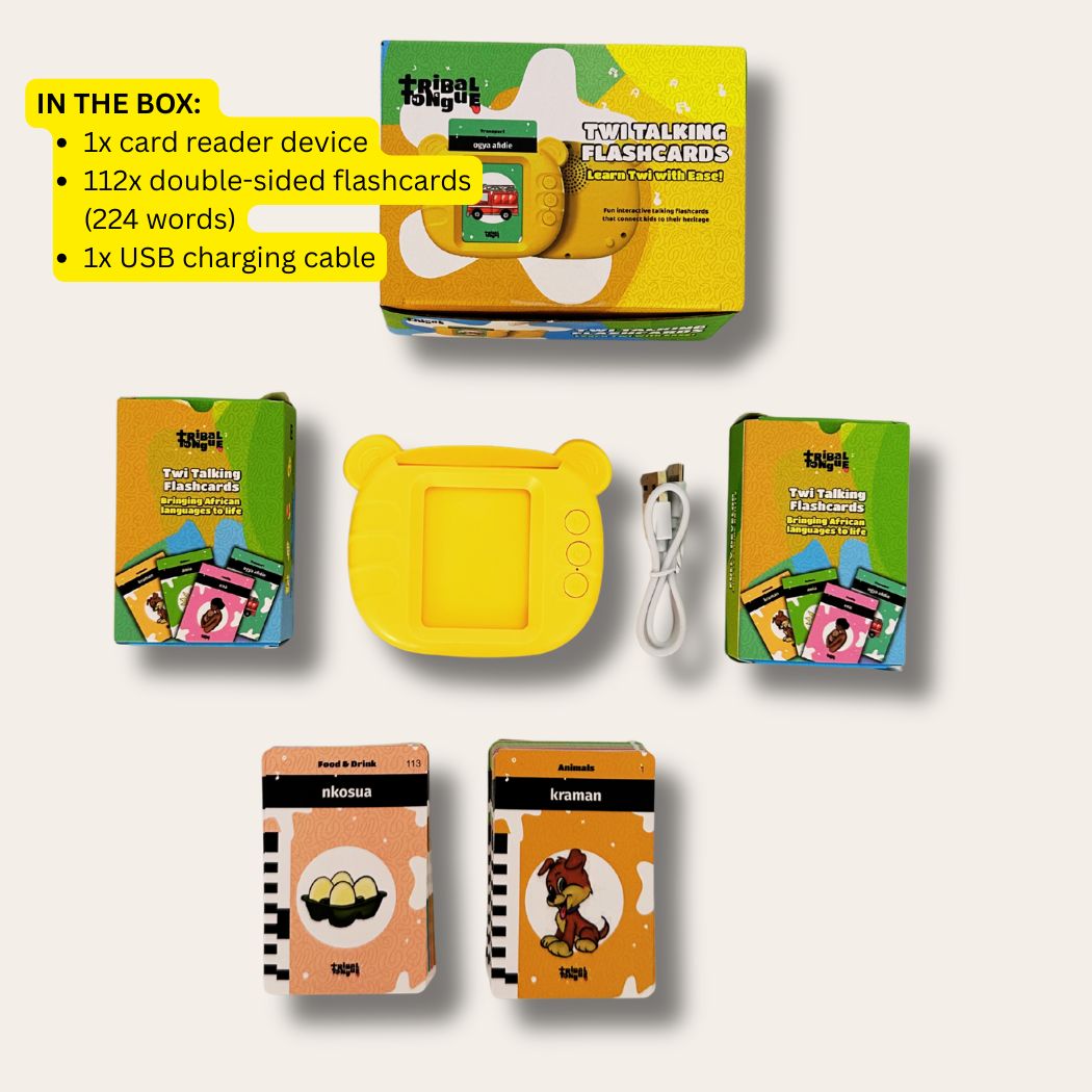 Twi Talking Flashcards set with device, cards and usb charging cable laid out on a white background.