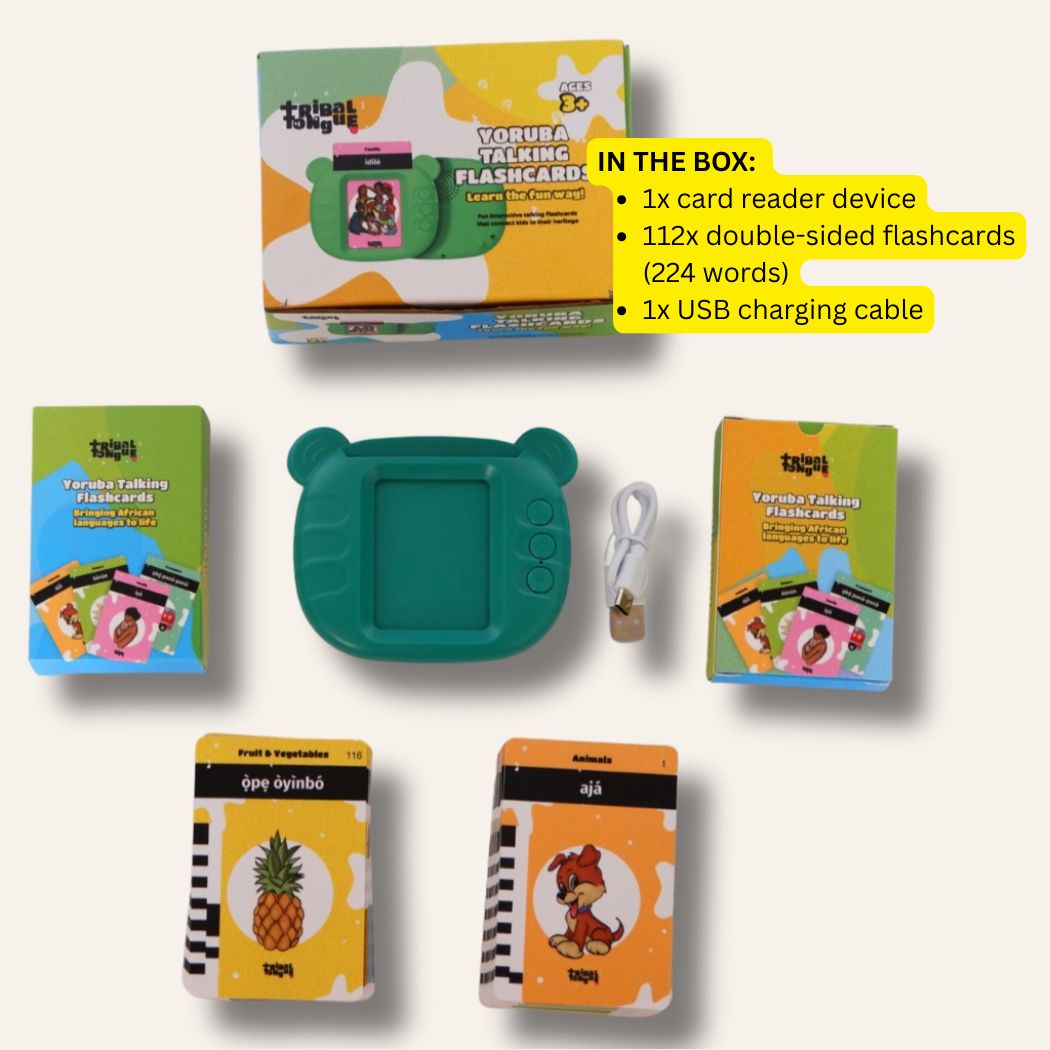 Educational flashcard set with card reader, flashcards, and USB cable on a white background